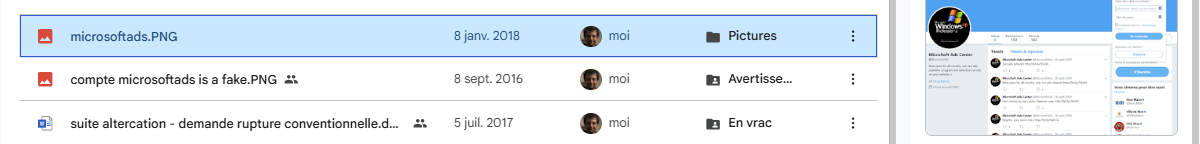 Liste Google Drive conservant un fichier nommé « compte microsoftads is a fake.PNG » daté du 8 septembre 2016.
